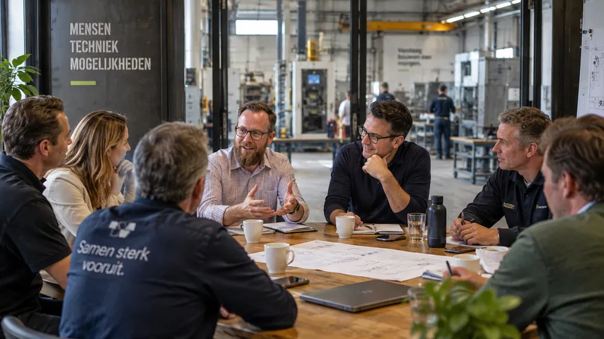 Overleg rond een tafel met plattegronden en aantekeningen